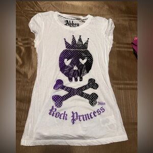 Abbey Dawn Early 2000’s Authentic White &) Purple Rock Princess Tee Exc Cond